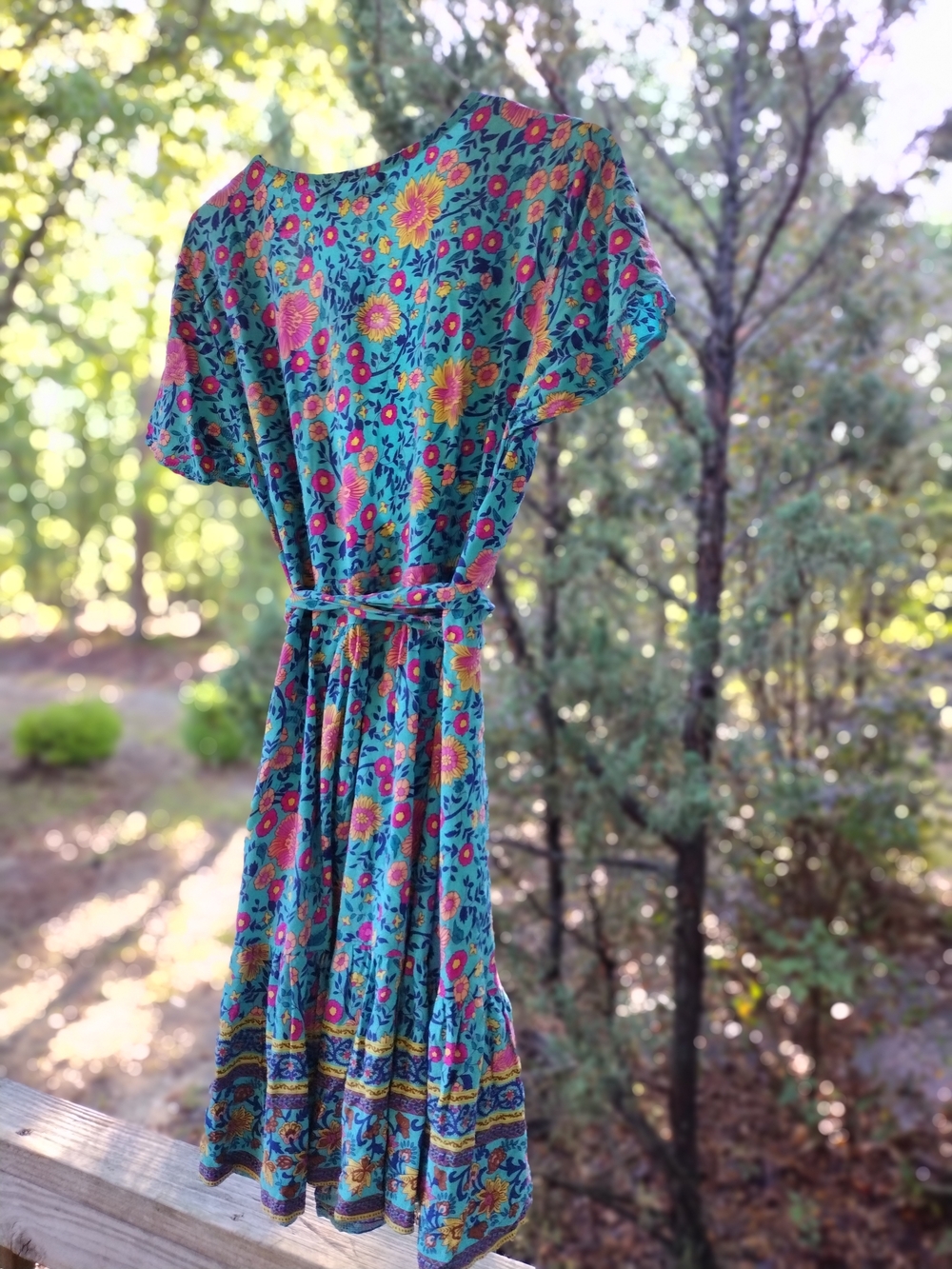 Floral Boho Tie-Waist Midi Dress in Turquoise - Picture 5 of 5